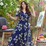 Women's Georgette Casual Floral Digital Print Half Sleeve Knee Length Fit and Flare Long Maxi Gown Dress