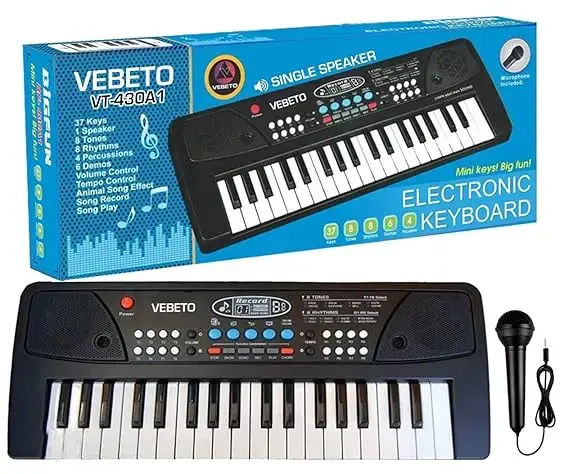 VEBETO Kids Piano with Mic (1 Year Warranty) 37 Keys 8 Rhythms 8 Tones 6 Demos Portable Electronic Keyboard Toy Beginners Educational Songs