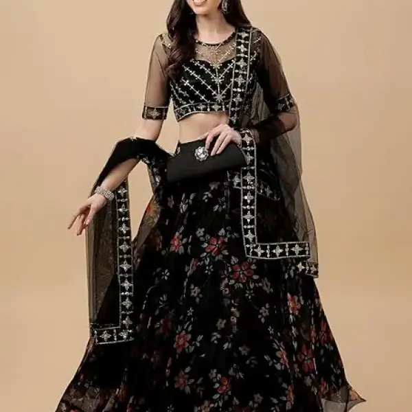 Suppar Sleave Women's Ethnic Wear Floral Digital Printed Organza zari Sequin Work Semi-Stitched Lehenga Choli With Dupatta