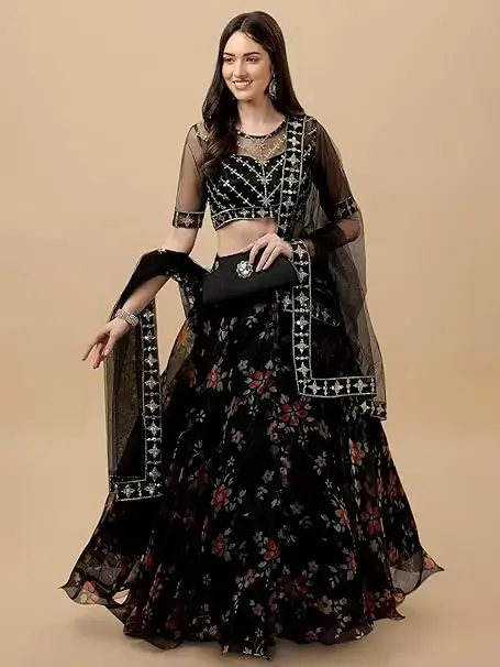 Suppar Sleave Women's Ethnic Wear Floral Digital Printed Organza zari Sequin Work Semi-Stitched Lehenga Choli With Dupatta