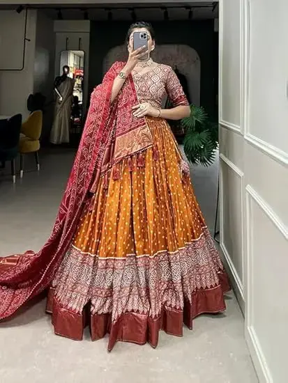 Women's Trending Designeer Tussar Silk Lehenga Choli Print with Foil Work With Unstitched Blouse Patola Print Adorned with Foil Work For Navrati