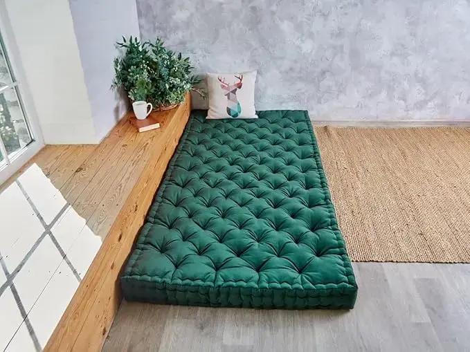 ATOOTFUSION Cotton Floor Mattress, 4 inch Thick Tufted Cushion, 72 x 30 inch, Foldable, Rollable Light Weight Cotton Mattress Dark Green