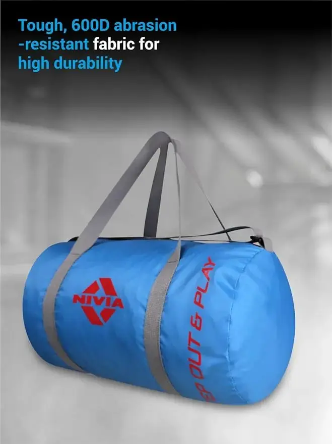 NIVIA Enfold-01 Round Bag Polyester, Unisex Gym Bags, Shoulder Bag with Separate Shoes Compartment, Carry Gym Accessories, Sports Kit (Blue,Grey),Capacity-22 litres