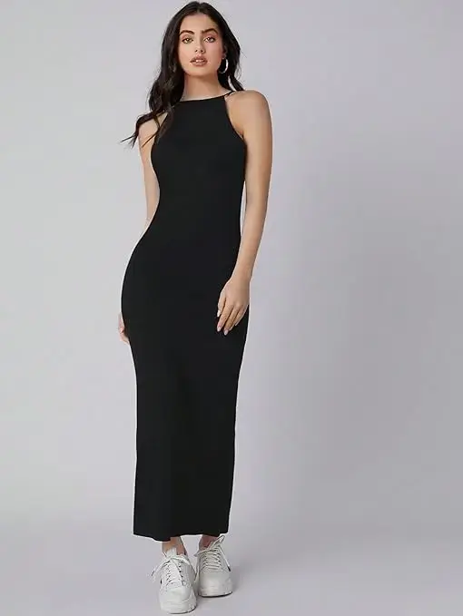 Solid Halter Neck Solid Bodycon Midi Dress for Women's & Girl's