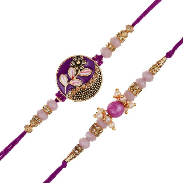 Set of 2 Purple Floral & Pearl Designer Rakhis with Roli Chawal Pack and Best Bro Ever Fridge Magnet