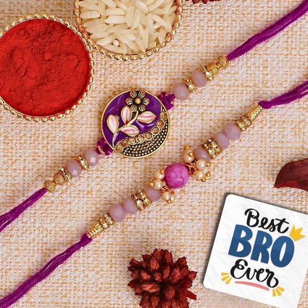 Set of 2 Purple Floral & Pearl Designer Rakhis with Roli Chawal Pack and Best Bro Ever Fridge Magnet